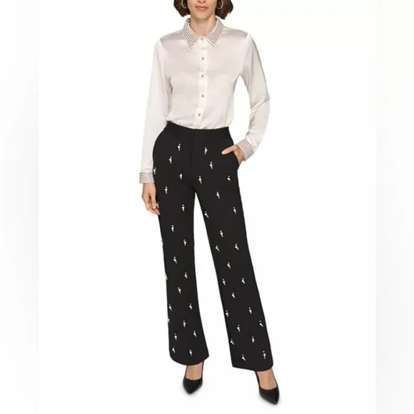Karl Lagerfield Black Embellished Rhinestones & Faux Pearls Pants Sz 8 - Picture 2 of 12